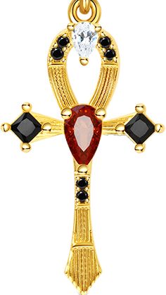 Ceremonial Yellow Gold Jewelry With Charms, Symbolic Black Jewelry For Ceremonial Occasions, Symbolic Black Jewelry For Ceremonies, Symbolic Black Jewelry For Ceremonial Use, Symbolic Gemstone Jewelry For Formal Occasions, Symbolic Red Pendant Jewelry, Black Ankh Jewelry For Gifts, Symbolic Red Gemstone Jewelry, Gold Cross Gemstone Jewelry