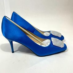 Women's Satin Wedding Shoes Pointed Closed Toe Chunky Heel Bridal Shoes Crystal Slip On Pumps Blue Party Court Shoes With Round Toe, Blue Round Toe Court Shoes For Party, Blue Pointed Toe Wedding Shoes For Party, Blue Open Toe Wedding Shoes For Formal Occasions, Blue Wedding Shoes With 4-inch Heel For Evening, Wedding Court Shoes With Branded Heel Counter, Formal Blue Low Heel Wedding Shoes, Formal Blue Open Toe Wedding Shoes, Blue Block Heel Wedding Shoes For Evening