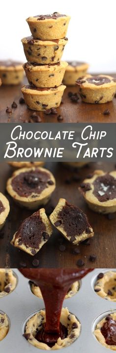 chocolate chip brownie tarts stacked on top of each other