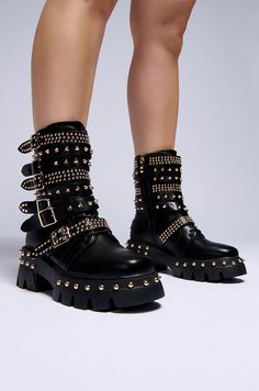 Tune into your rebellious side when you step out in The AZALEA WANG Winola Black Belted Bootie. These flatform faux leather booties feature a rounded square toe, a mid-calf shaft, a lace up vamp, faux gold metallic hardware, and a ridged platform sole with a coordinating chunky rubber heel, detailed with circular studd Knee High Lace Up Boots Outfit, Lace Up Boot Outfit, Faux Leather Midi Skirt, Azalea Wang, Black Platform Boots, Rounded Square, Platform Heels Chunky, Fabulous Shoes, Shoe Closet