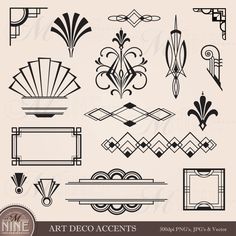 art deco design elements in black and white on a beige background with the words art deco accents