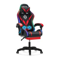 an office chair with a colorful design on the back and arms, sitting up against a white background