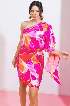 Indulge in luxury with our one-shoulder woven satin dress, adorned with an exaggerated sleeve and side zipper closure. Elevate your style with this elegant, printed mini dress.Details:Self : 97% Polyester 3% SpandexLining : 100% PolyesterSize & Fit- Model is 5`7" And Wearing Size Small- Measurements Taken From Size Small- Approx. Length: 35" Spring Off-shoulder Mini Dress With Draped Sleeves, Chic One Shoulder Mini Dress In Satin, Chic Satin One-shoulder Mini Dress, Chic One-shoulder Mini Satin Dress, Spring One Shoulder Mini Dress For Brunch, Pink Satin One Shoulder Mini Dress, Chic Pink One Shoulder Mini Dress, Spring Brunch One Shoulder Mini Dress, Chic Pink Mini One Shoulder Dress