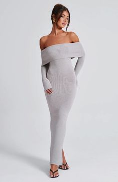 Lightweight knits are THAT girl. We adore our soft. pretty Beverley maxi. made in premium knit that hugs your body like a glove. Featuring off the shoulder styling with a wide bardot fold over panel. long fitted sleeves which flare at the cuff and a small split to the back skirt. pair yours with effortless. loose waves and gold jewellery.   Colour: Light grey marl. Premium knit fabric. Off the shoulder styling. Wide bardot panel. Long fitted sleeves with slightly flared cuffs. Split to centre back of the skirt. Moulds to body figure. Maxi length. Model is an XS and is wearing an XS. Homecoming Dresses Corset, Long Sleeve Homecoming Dresses, Split Long Dress, Homecoming Dresses Long, Angel Dress, Fitted Sleeves, Body Figure, Maxi Dress Sale, Womens Knit Dresses