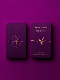 two purple business cards with gold foil on them against a bright purple background that reads, rogane fransou