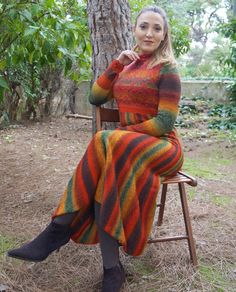 Maxi dress with stripes and colorwork Knitting pattern by Evelyn Siatra Formal Dresses Long Sleeve, Dress Knitting Pattern, Colorwork Knitting Patterns, Knit Items, Turtleneck Outfit, Amy Brown, Bohemian Dresses, Colorwork Knitting, Pattern Dress Women