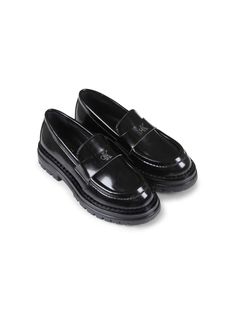 black faux leather polished finish slip-on style strap detailing logo plaque round toe branded insole chunky rubber sole Classic Calvin Klein Leather Loafers, Black Leather Calvin Klein Sandals, Black Loafers Chanel, Calvin Klein Leather Slip-on Loafers, Luxury Black Loafers With Buckle Closure, Luxury Black Slip-on Loafers, Detailing Logo, Teen Boy Outfits, Dress With Jean Jacket