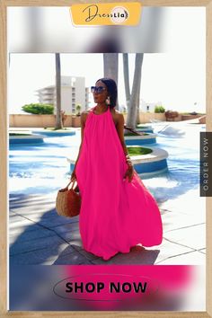 Solid Sleeveless Halter Backless Loose Maxi Dresses Chic Pink Sleeveless Beach Dress, Pink Sleeveless Maxi Dress Beach Cover-up, Pink Sleeveless Dress For Beach Season, Chic Halter Dress For Beach Party, Flowy Sleeveless Maxi Dress For Beach Season, Pink Halter Dress For Summer Beach, Sleeveless Halter Dress For Beach Party, Pink Halter Dress For Summer Parties, Flowy Sleeveless Halter Dress For Beach