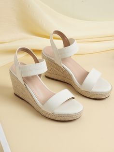 White Vacation,Fashionable Collar    Wedge Sandals Embellished   Women Shoes White Wedge Sandals For Summer, Comfortable Wedge Sandals With Cushioned Footbed For Vacation, White Ankle Strap Wedge Sandals For Summer, Summer White Wedge Sandals With Removable Insole, Comfortable Summer Heels With Round Toe, Comfortable Wedge Heel Sandals For Vacation, Comfortable Wedge Heel Sandals For Beach, Comfortable Summer Wedge Heels, Comfortable Cushioned Wedge Sandals For Vacation