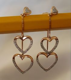 10 kit rose gold double dangle diamond heart earrings Elegant Dangle Heart Earrings For Anniversary, Double Heart Cubic Zirconia Jewelry With Matching Earrings, Luxury Rose Gold Double Heart Jewelry, Elegant Heart-shaped Earrings With Diamond Accents, Luxury Rose Gold Heart Earrings, Fine Jewelry Dangle Earrings With Heart Charm, Fine Jewelry Dangle Heart Charm, Fine Jewelry With Heart Charm Dangle, Diamond Heart Drop Earrings Fine Jewelry