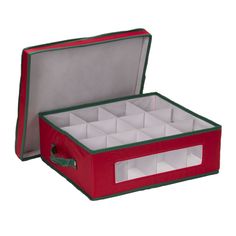 an open red and green box with compartments