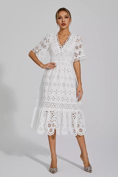 White Dress With Cutwork Hem For Spring, White Spring Dress With Cutwork Hem, Elegant White Crochet Dress With Scalloped Lace, Elegant Spring Crochet Dress With Lace Work, Spring Crochet Dress With Lace Work, Elegant Embroidered Summer Dress, Midi Length, Elegant Summer Embroidered Midi Dress, Summer Midi Dress With Broderie Anglaise And Short Sleeves, Elegant White Crochet Dress With Lace Work