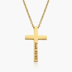 Introducing the SOYER gold cross men's necklace - a durable and stylish accessory that is sure to elevate any outfit. Made from high-quality stainless steel and finished with a beautiful gold color, this necklace exudes sophistication and class. You have the option to engrave it with a personal message or a special date, making it a truly unique and meaningful piece. Chain Length 24" Pendant Size1.4" X 1" Finish Fine Brush Gold Personalized Minimalist Cross Necklace, Gold Minimalist Personalized Cross Necklace, Minimalist Personalized Gold Cross Necklace, Engraved Stainless Steel Cross Necklace, Engraved Stainless Steel Cross Necklaces, Minimalist Personalized Cross Pendant Necklace, Gold Minimalist Stainless Steel Cross Necklace, Minimalist Gold Stainless Steel Cross Necklace, Gold Stainless Steel Minimalist Cross Necklace