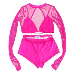 This Neon Pink Cropped Mesh Outfit Is Perfect For A Rave Or Festival! Never Worn Brand New! Size Large But Fits More Like A Medium Bottoms Are A Swimsuit Material The Back Of The Top Had A Triangle Cutout Waistband Of The Shorts- 13 Inches Length Of The Shorts- 8 Inches Sleeve Length- 27 Inches Top Length- 13 Inches All Prices Are Negotiable Mesh Outfit, Barbie Wardrobe, Swimsuit Material, Wardrobe Ideas, Mesh Long Sleeve, Rave Outfits, Soul Food, Long Sleeve Crop Top, High Waisted Shorts