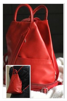 Fabulous for the traveler or just a sweet Valentine gift 🎁 This high quality leather bag has a zip closure plus small inside and outside zip wall pockets. Carry as a backpack or zip up straps to carry over shoulder.  Available is great color combos! #backpackbags #travelhandbags #redleatherbag #italianleatherhandbags #leatherbackpack #purses #uniquepurses #smallbag  #womenbackpack Small Umbrella, Italian Leather Handbags, Red Leather Bag, Leather Backpack Purse, Colorful Backpacks, Unique Purses, Travel Handbags, Genuine Leather Purse, Sweet Valentine