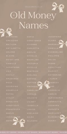 The *prettiest* old money names for girls that are totally dreamy and sweet. (These pretty names definitely give 'rich girl names' vibes!) Old Names Vintage, Old Money Names Girl, Old Money Last Names, Old Money Names, Rich Girl Names, Rare Beautiful Names, Rich Old Money, Old Fashioned Names, Modern Baby Names