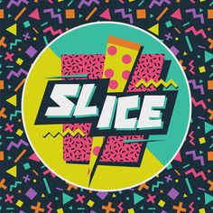 the word slice is surrounded by colorful geometric shapes and lines on a black background with multicolored dots