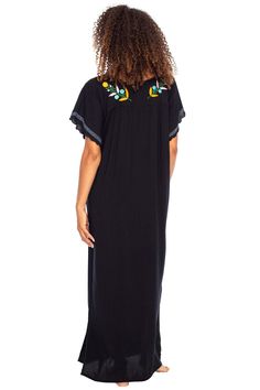 VIBRANT CUSTOM FLORAL EMBROIDERY and a loose flowy fit make this beautiful boho inspired black Mexican maxi dress the perfect long summer kaftan or beach dress COOL AND COMFORTABLE with side slits for ease of moment, the slimming A-line is design is great for everyday wear. Or dress it up for a dazzling night out. Short sleeves have feminine scalloped edges 100% RAYON. With a soft, silky feel, rayon is a natural fiber that lets skin breathe. This beach dress is moisture absorbent and dries quick Summer Embroidered Beachwear Maxi Dress, Embroidered Beachwear Maxi Dress For Summer, Summer Beachwear Embroidered Maxi Dress, Summer Embroidered Short Sleeve Maxi Dress, Embroidered Short Sleeve Maxi Dress For Summer, Summer Embroidered Maxi Dress With Short Sleeves, Flowy Embroidered Maxi Dress For Vacation, Bohemian Tunic Maxi Dress, Casual Short Sleeve Maxi Dress With Floral Embroidery