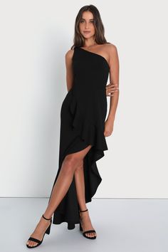 Black Maxi Dress - Black Ruffled Maxi - One-Shoulder Maxi Dress - Lulus Charming Personality, Asymmetrical Maxi Dress, Black One Shoulder Dress, Maxi Skirt Style, Single Wide, Lulu Fashion, Formal Dresses Gowns, Graduation Outfit, Ruffled Maxi Dress