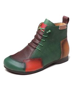 Retro Color Leather Stitching Handmade Boots — Obiono Multicolor Leather Moto Boots For Fall, Multicolor Round Toe Boots For Fall, Retro Leather Moto Boots With Round Toe, Casual Green Martin Boots With Round Toe, Green Leather Martin Boots For Fall, Green Ankle Martin Boots For Fall, Retro Mid-calf Boots With Round Toe For Fall, Green Leather Martin Boots For Winter, Green Casual Martin Boots With Round Toe