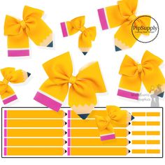 Yellow Pencil Neoprene Sailor Hair Bows These soft, yellow pencil shaped neoprene sailor bows can be quickly tied and clipped on for a trendy back to school hair bow. They're ideal for easy at-home styling, individual use, or even resale. Get creative and add a splash of color to your look with these low-maintenance bows – perfect for this upcoming school year! You will receive pencil shapes and center pieces printed on neoprene fabric based on your selections. The piece will come flat and uncut Cute Hair Bows, Hair Bow Pattern Ribbon, Sailor Bow Template, Tulle Bow, School Bows Ideas, Sailor Bow Pattern, Back To School Bows, Back To School Hairbows, Crayon Hair Bow