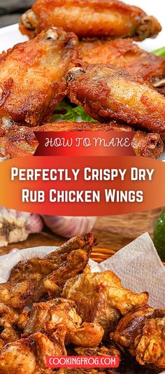 chicken wings on a plate with text overlay that reads how to make perfectly crispy dry rub chicken wings