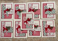 six christmas cards with red and green bows on them, all lined up in rows