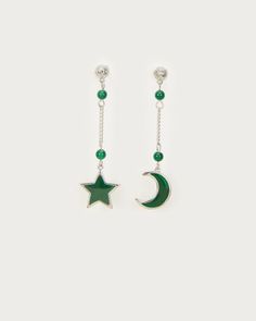 Materials: platinum plated brass, green resin Measurements: 55mm/2" in length, 14mm/0.5" in width En Route Jewelry, Green Star, Hippie Vibes, Heart Hair, Dope Jewelry, Whimsical Fashion, Star Moon, Funky Jewelry, Star Jewelry