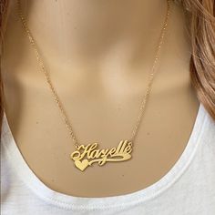 Description: 925 Sterling Silver Gold Plated Name Plate Heart Necklace - Hazelle (Double Thick Name Plate) Item No.: C01 Metal Type: Guaranteed .925 Sterling Silver With Stamped 925 Finish: 14k Gold Over Sterling Silver Measurement: 18 Inches. Pendant: 1.75 X 0.75" Brand New. Never Worn Personalized Heart Necklace In Sterling Silver, Elegant Heart Necklace With Name, Classic Necklace For Personalized Gift, Silver Double Heart Name Necklace, Sterling Silver Nameplate Heart Necklace For Anniversary, Silver Double Heart Custom Name Necklaces, Silver Elegant Double Heart Name Necklace, Silver Heart Necklace With Custom Name For Wedding, Anniversary Sterling Silver Name Necklace With Polished Finish