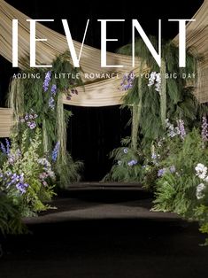 the cover of event magazine with flowers and greenery in front of an arch that reads, adding little romance to your big day