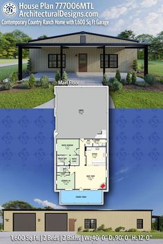 two story house plan with 2 car garage and attached living room, covered in metal roof