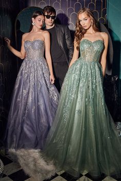 Ladivine J852 strapless glitter embellished ball gown featuring a corseted lace up back Prom Attire, Corset Ball Gowns, Classic Prom Dress, Net Embroidery, Corset Design, Sheer Corset, Tulle Balls, Graceful Movement, Smoky Blue