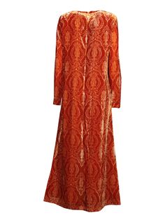 This La Double J long dress in devorÃ© fabric stands out with its elegant design and vibrant orange hue. Perfect for formal events, it features a flowing silhouette that gracefully drapes over the body.Composition: 80% Viscose, 20% Polyamide Orange Embroidered Floor-length Dress, Orange Long Sleeve Printed Maxi Dress, 1970s Style Fitted Floor-length Maxi Dress, 1970s Retro Print Long Sleeve Dress, 1970s Style Floor-length Maxi Dress, New Bottega, Self Portrait Dress, Clothing Retail, Italian Outfits