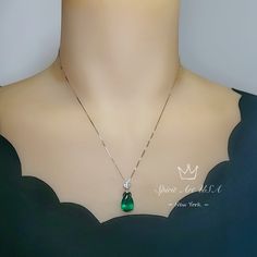 "large emerald Jewelry High Quality unique Artisan design full sterling silver made Gorgeous Luxury Gemstone Dainty Necklace best gift for yourself & you loved her. ◆◆Pendant Main stone:10*14mm created emerald gemstone 6.5ct Pendant Height ( include bail) : 22mm Pendant Holder (bezel & Bail) : White Gold Coated fine 925 Sterling Silver Accent Stone: Sim Diamond ◆◆ Necklace chain : Platinum coated 925 sterling silver Box Chain with length option from 16\" ~20\". The model wearing the defa Elegant Drop Emerald Necklace For Gift, Elegant Silver Drop Emerald Necklace, Formal Pear Shaped Necklace With May Birthstone, Formal Pear Shaped Necklace For May Birthstone, Formal Pear-shaped May Birthstone Necklace, Elegant Pear-shaped May Birthstone Necklace, Green Briolette Emerald Necklace For Formal Occasions, Formal Green Briolette Emerald Necklace, Formal Briolette Green Emerald Necklace