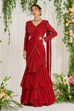 Shop for Nidhika Shekhar Red Shantoon Subh Shree Laal Ruffle Saree for Women Online at Aza Fashions Red Ruffle Saree, Ruffle Saree Designs, Culture Of Rajasthan, Ruffle Lehenga, Lehenga Sari, Saree Red, Vintage Culture, Ruffle Sarees, Saree Women