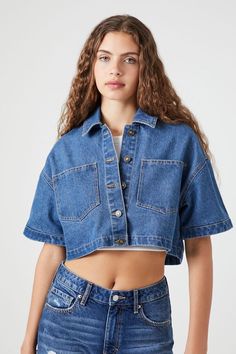 Boxy Cropped Denim Jacket Jacket Png, Mid Rise Denim Shorts, Cropped Denim Jacket, Cropped Denim, Waist Belt, Outerwear Jackets, Stretch Denim, Mid Rise, Fitness Models