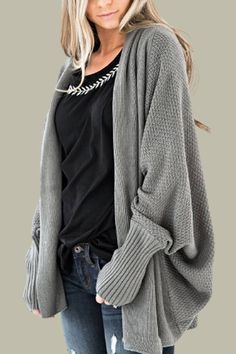 Fashion Bat Sleeve Knitted Cardigan Spring V-neck Chunky Knit Outerwear, Gray Chunky Knit Outerwear For Spring, Gray Cardigan For Fall, Knit Open Front Outerwear In Solid Color, Knit Open Front Outerwear, Gray Solid Color Cardigan For Fall, Knit Outerwear With Open Front In Solid Color, Oversized Textured Knit Cardigan, Gray Knit Sweater Coat For Fall