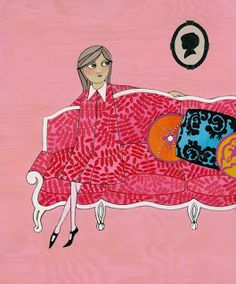 a drawing of a woman laying on a pink couch