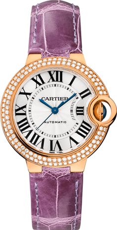 WE902066 | CRWE902066 CARTIER BALLON BLEU 33MM WOMEN'S LUXURY WATCH Usually ships within 3 months | View In Stock Cartier Watches Store Display Model (What's This?) - Free Overnight Shipping - With Manufacturer Serial Numbers - Swiss Made - Lacquered Guilloche Opaline Silver Dial - Roman Numeral Hour Markers - Solid 18k Rose Gold Bezel Set with Diamonds     115 Diamonds Set on Bezel     Total Diamond Weight: 0.94 ct - Fluted Crown Set with Blue Sapphire Cabochon - Sword Shaped Blue Hands - Self-winding Automatic Movement - Cartier Caliber 076 - 3 Year Warranty - Guaranteed Authentic - Certificate of Authenticity - Manufacturer Box & Manual - Polished Solid 18k Rose Gold Case - Purple Leather Strap with Pattern - Scratch Resistant Sapphire Crystal - 30 Meters / 100 Feet Water-Resistant - 33 Watches Cartier, Gold Diamond Watches, Cartier Ballon Bleu, Cartier Watch, Diamond Quartz, Roman Numeral, Purple Leather, Gold Case, Beautiful Watches