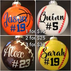 four ornaments with different designs on them in the shape of baseballs and numbers for each team