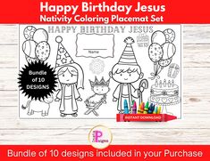 the happy birthday jesus coloring page is shown with markers and crayons to color