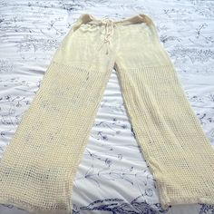 Off White Crochet Drawstring Beach Pants Size M Never Worn Bohemian Drawstring Bottoms For Beach Season, White Bohemian Bottoms With Drawstring, Bohemian White Drawstring Bottoms, Beach Wide-leg Pants With Drawstring, Beige Beachwear Bottoms For Beach Season, Beachwear Beige Bottoms For Day Out, Tie-side Drawstring Bottoms For Day Out, Beige Beachwear Bottoms For Day Out, Drawstring Tie-side Bottoms For Day Out