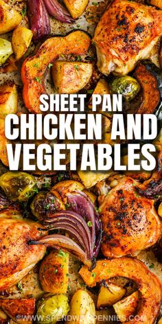 sheet pan chicken and vegetables with text overlay