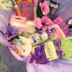 a basket filled with lots of beauty products