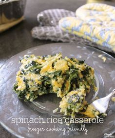 spinach rice casserole on a glass plate