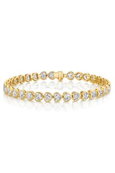 Anita Ko bezel heart diamond tennis bracelet. Heart Shaped Diamond (6.96ctw) Length: 6.5" 18k Yellow Gold Anita Ko Jewelry, Diamond Bracelet Design, Gold Outfit, Anita Ko, Bracelet Heart, Palm Beach Jewelry, Diamond Tennis Bracelet, Heart Diamond, Bracelet Design