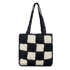 Elevate your style with our Ladies Patch Square Straw Tote Bag! Made from premium straw, this trendy tote bag features a unique patch design that adds a touch of bohemian flair. With its spacious interior and sturdy handle, it's the perfect accessory for your next beach trip or summer adventure. Trendy Rectangular Crochet Bag, White Square Crochet Bag For Vacation, Trendy Square Straw Bag, Black Rectangular Bucket Bag For Vacation, Trendy Square Natural Bucket Bag, Trendy Natural Square Crochet Bag, White Straw Crochet Tote Bag, Trendy Rectangular Woven Bucket Bag, Black Straw Tote Bag