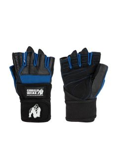 a pair of black and blue gloves with white gorilla on the front, one hand is holding