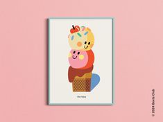 a card with an ice cream cone and donut on it, against a pink background