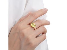 Asscher Cut Lab Created Yellow Sapphire with Round White Topaz 18K Yellow Gold Over Sterling Silver Ring Asscher Cut, Yellow Sapphire, White Topaz, Sterling Silver Ring, Silver Ring, Topaz, Sterling Silver Rings, Sapphire, Lab